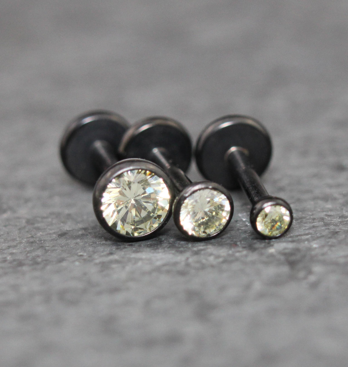 Black Crystal Threadless Flat Back Earring - Olive Green Tragus Piercing Stud - Labret Stud Earring Stack - Tiny Gothic Bezel Set Nose Ring