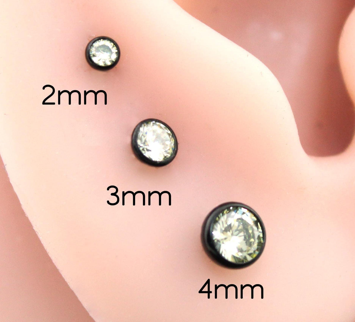 Black Crystal Threadless Flat Back Earring - Olive Green Tragus Piercing Stud - Labret Stud Earring Stack - Tiny Gothic Bezel Set Nose Ring