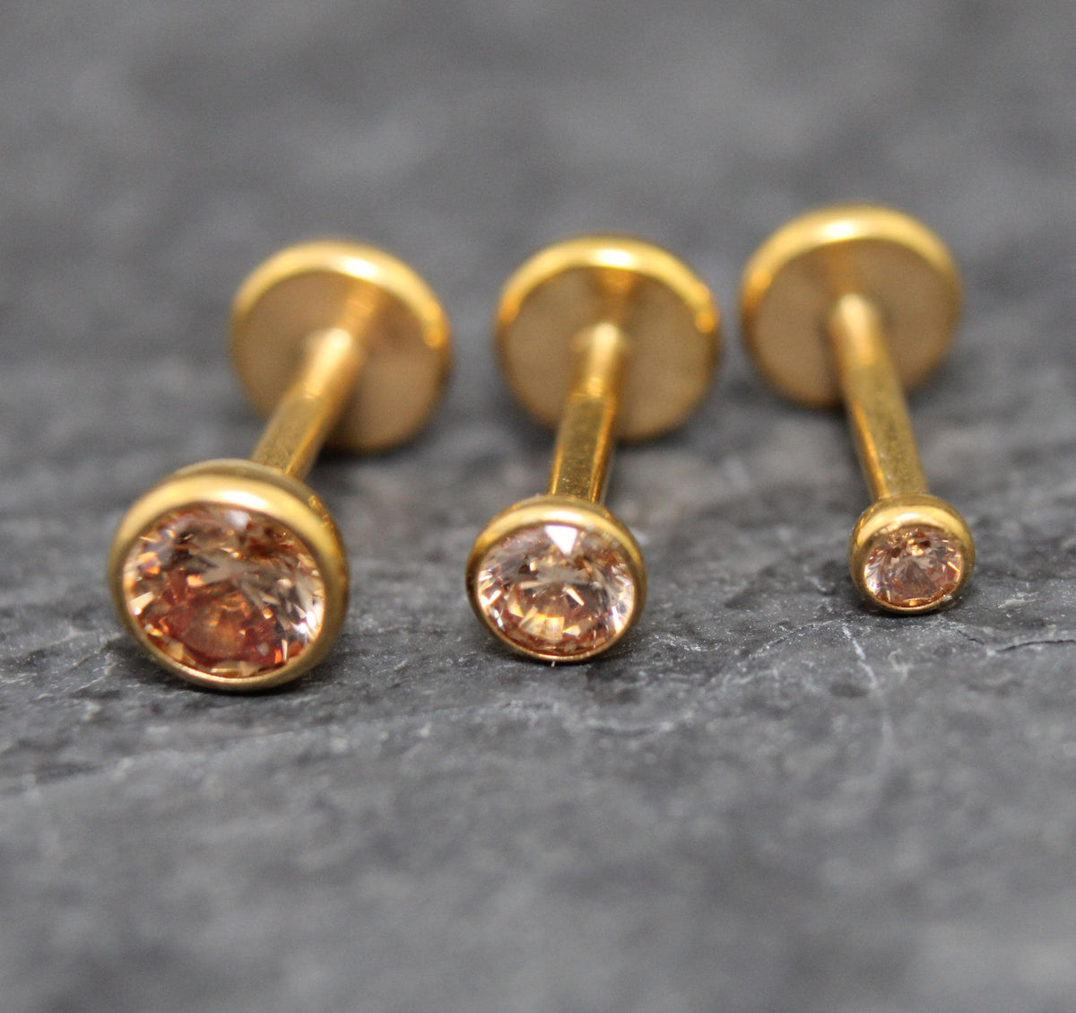 Champagne CZ Gold PVD Stud Earrings • Champagne Stone Nose Ring • Tragus Piercing Stud • Flat Back Earring • Bezel Set Helix Cartilage Stud