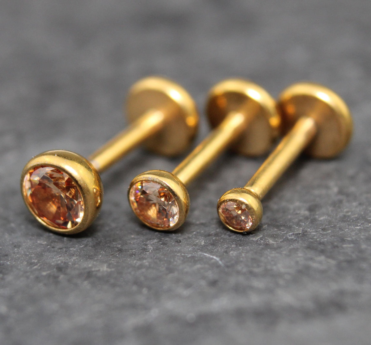 Champagne CZ Gold PVD Stud Earrings • Champagne Stone Nose Ring • Tragus Piercing Stud • Flat Back Earring • Bezel Set Helix Cartilage Stud