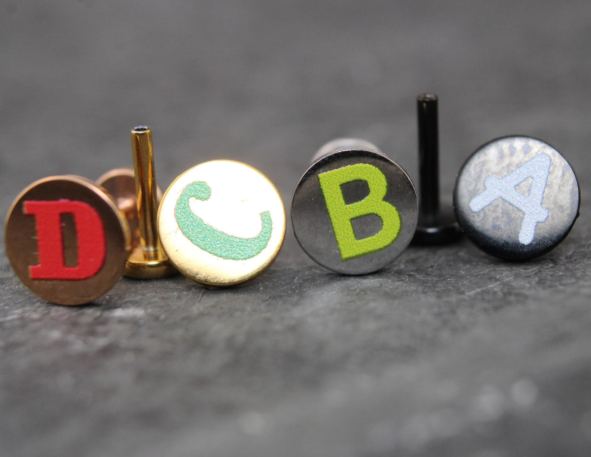 Custom Letter Small Flat Disc Circle Stud Earring • Flatback Threadless Tragus Custom Shape Color Push Pin Earrings Cartilage Flat Back Gold