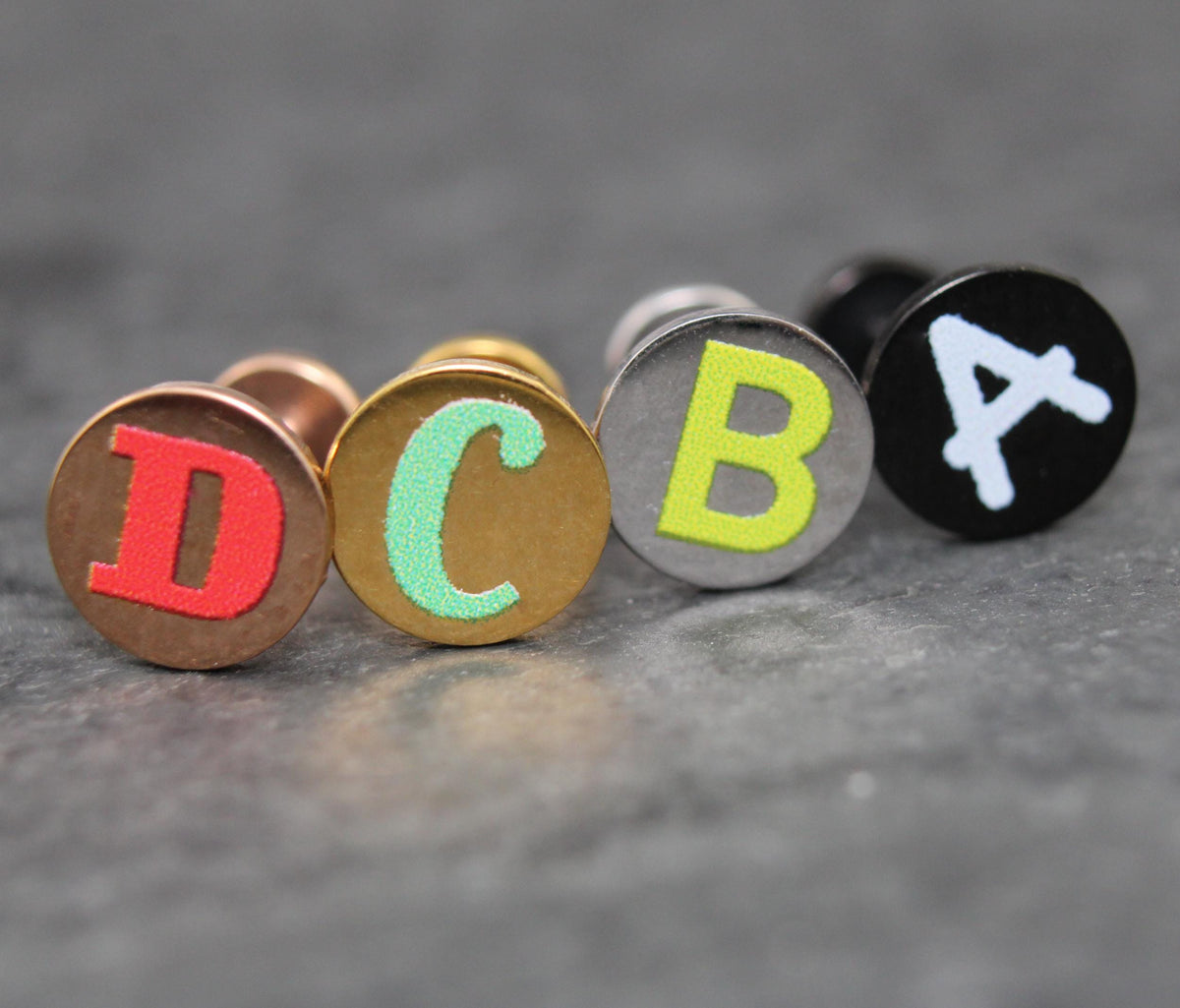 Small Flat Disc Circle Custom Letter Labret Stud • Flatback Threadless Tragus Custom Color Helix Push Pin Earrings Cartilage Flat Back Gold