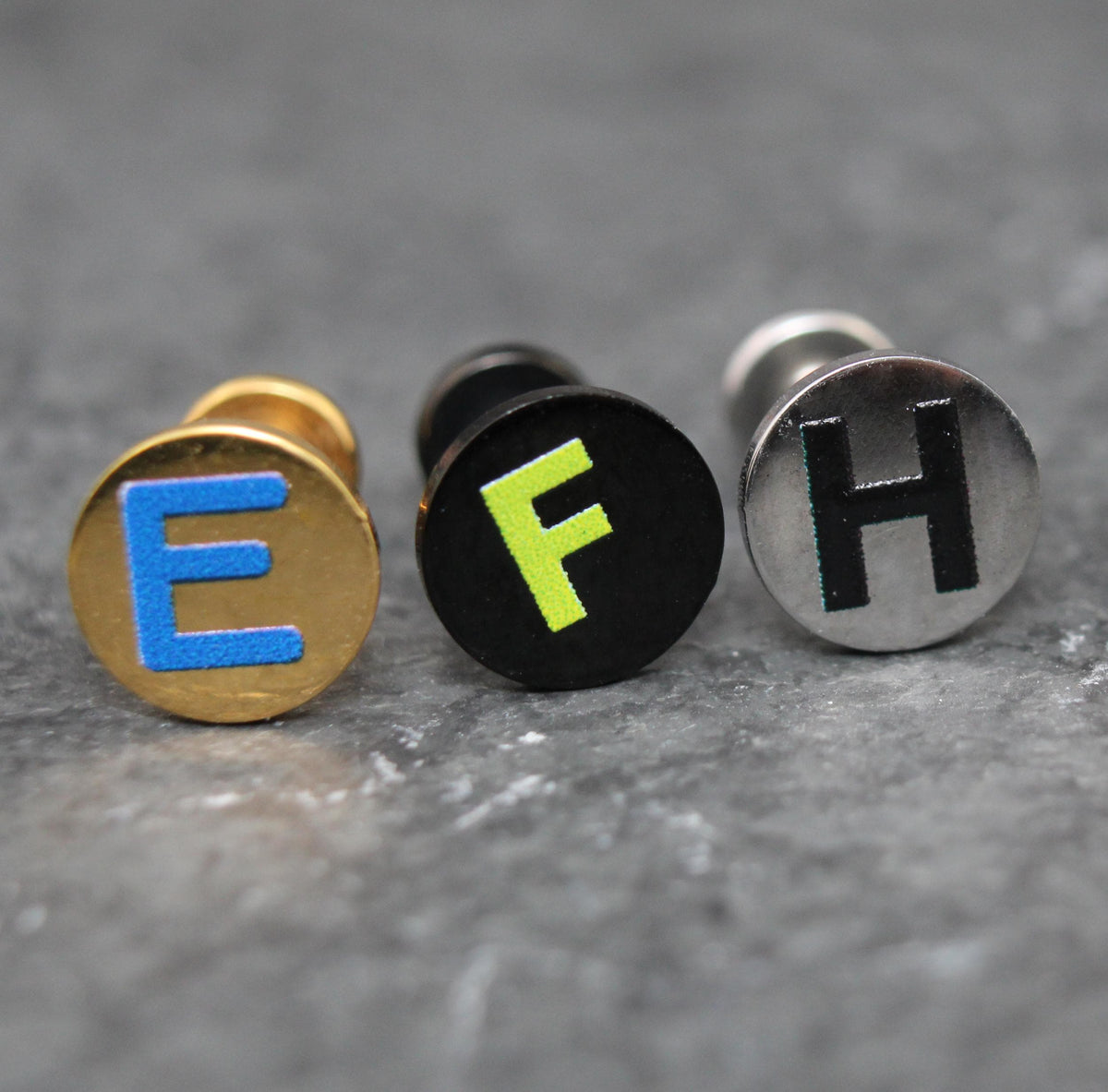 Custom Letter Small Flat Disc Circle Stud Earring • Flatback Threadless Tragus Custom Shape Color Push Pin Earrings Cartilage Flat Back Gold