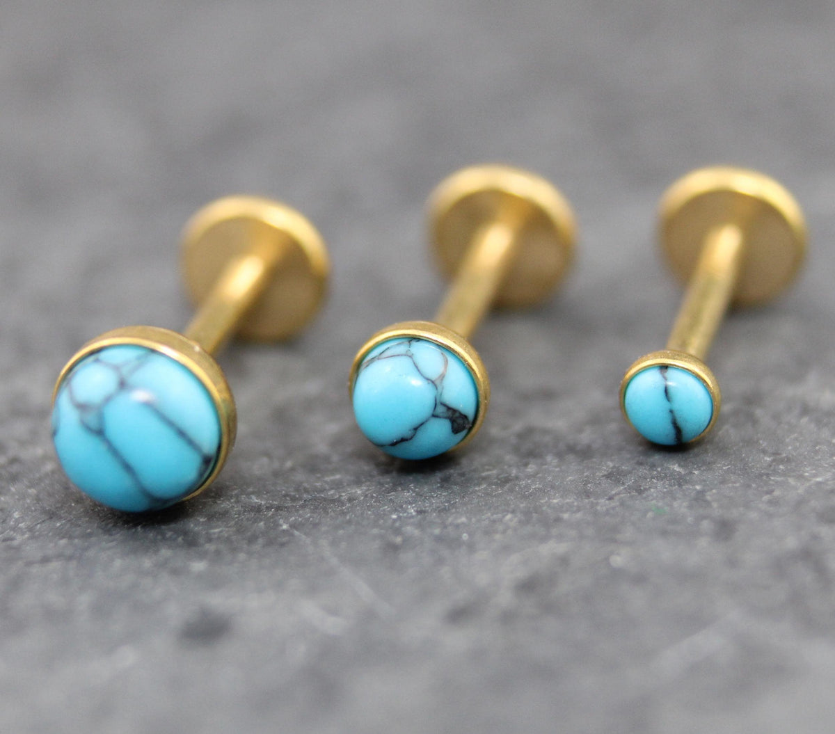 Turquoise Labret Gold Stud Earrings, Gold PVD Threadless Push Pin, Cartilage Piercing Jewelry, Gold Stud Earring Stack, Tragus Piercing Stud
