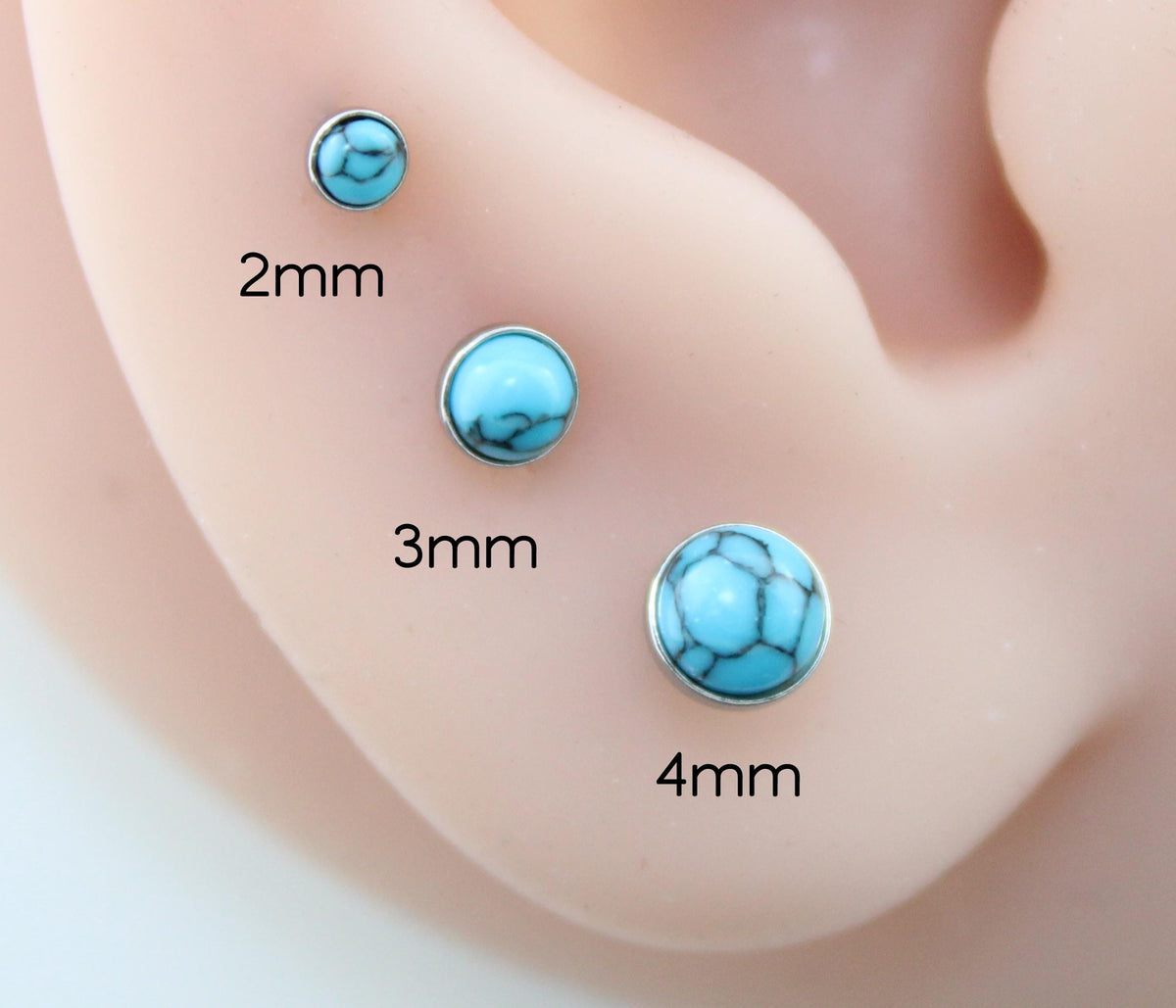 Turquoise Labret Silver Stud Earrings, Stainless Threadless Push Pin, Cartilage Piercing Jewelry, Stud Earring Stack, Tragus Piercing Stud