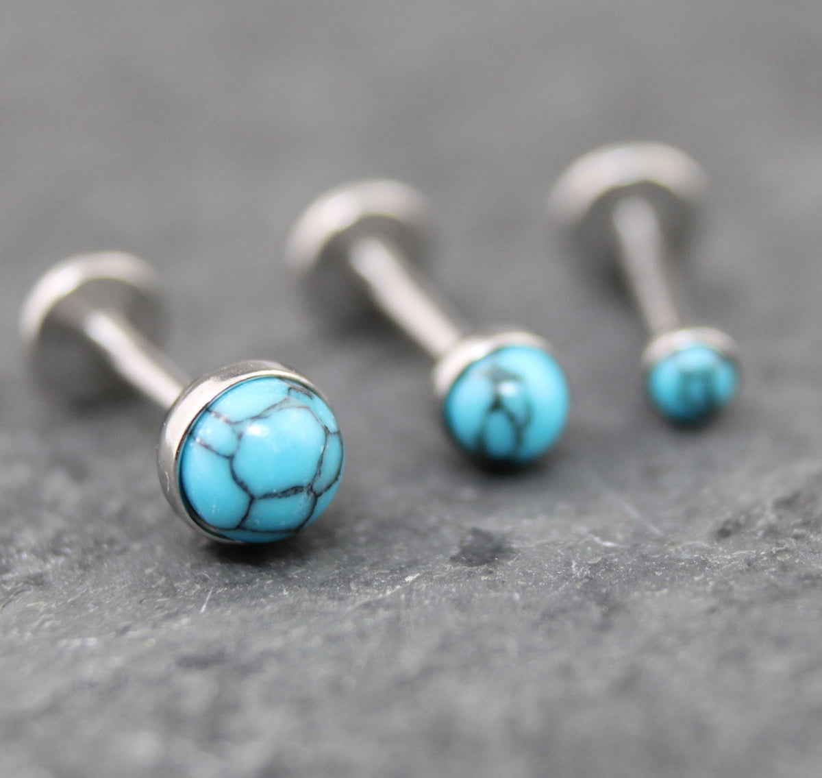 Turquoise Labret Silver Stud Earrings, Stainless Threadless Push Pin, Cartilage Piercing Jewelry, Stud Earring Stack, Tragus Piercing Stud