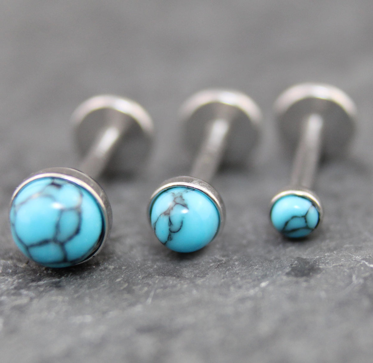 Turquoise Labret Silver Stud Earrings, Stainless Threadless Push Pin, Cartilage Piercing Jewelry, Stud Earring Stack, Tragus Piercing Stud