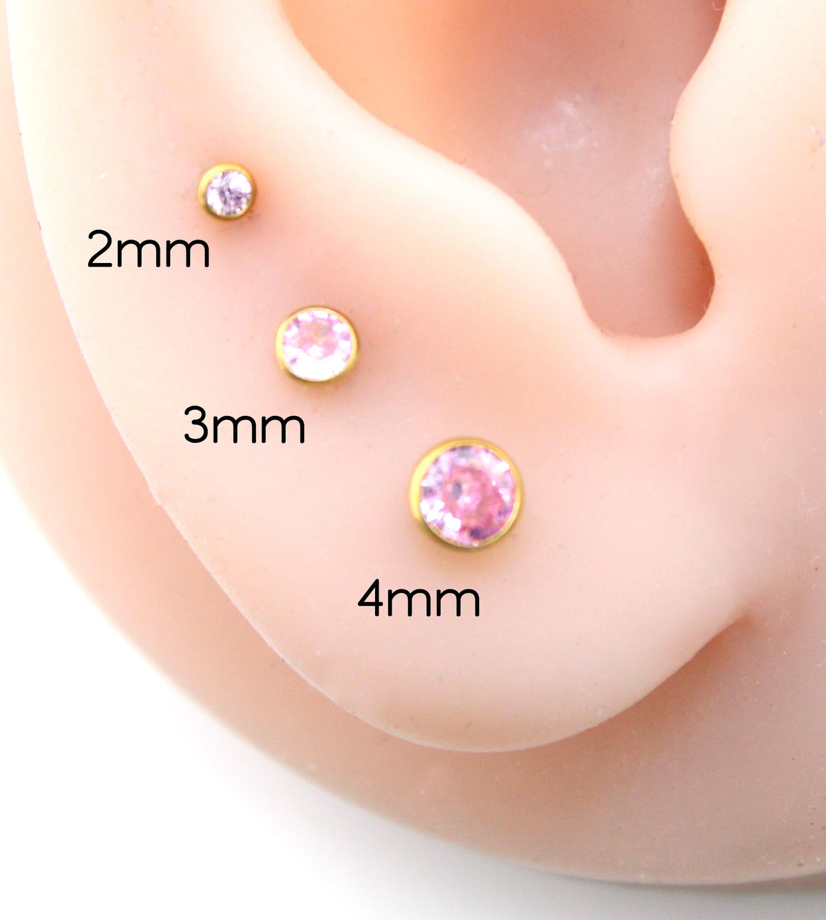 Gold Pink CZ Threadless Flat Back Earring - Tragus Piercing Stud - Labret Stud Earring Stack - Gold Nose Stud - Tiny Bezel Set Nose Ring