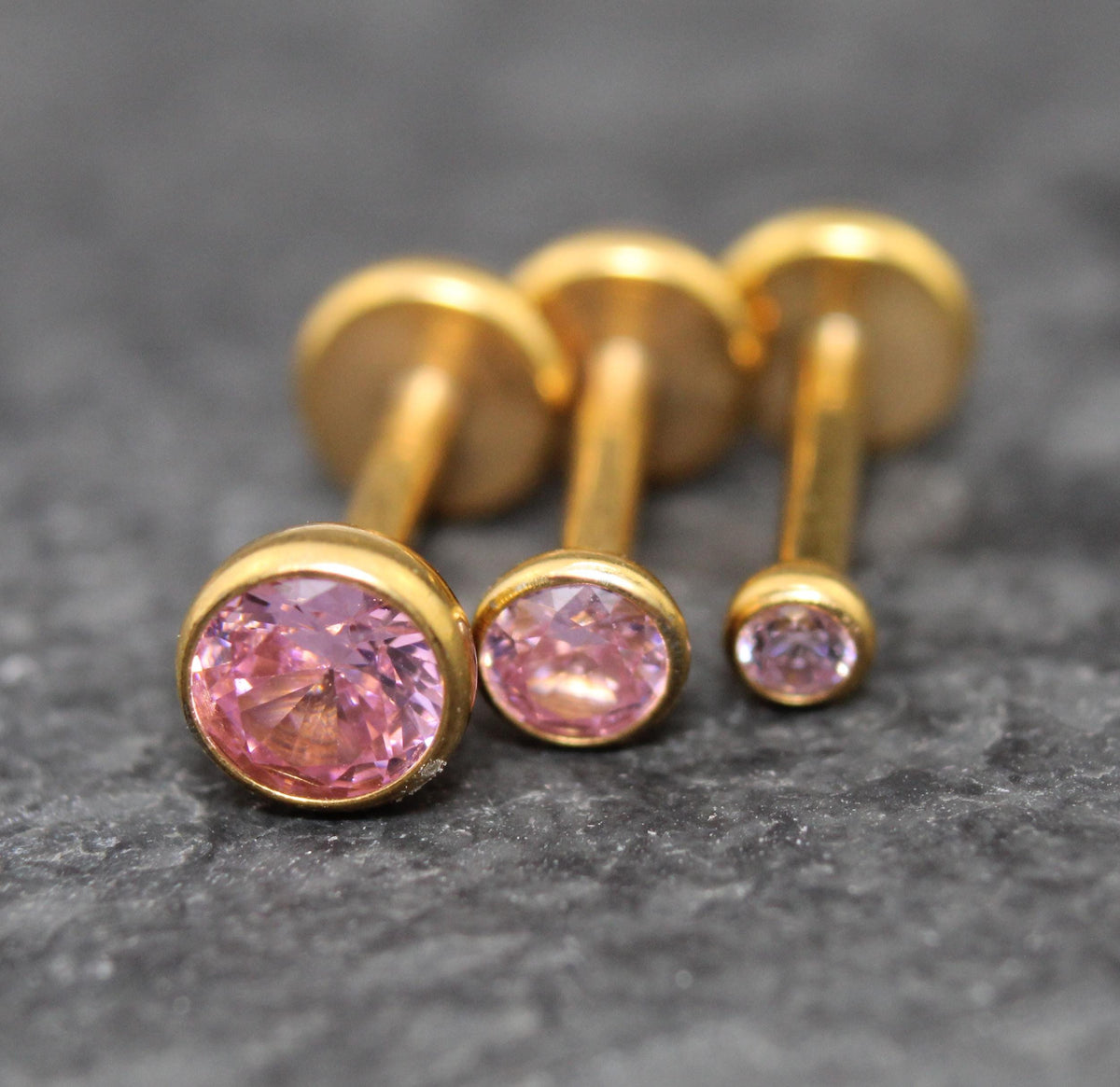 Pink CZ Gold Threadless Flat Back Earring - Cartilage Earring - Labret Stud Earring Stack - Gold Nose Stud - Tiny Bezel Set Nose Ring