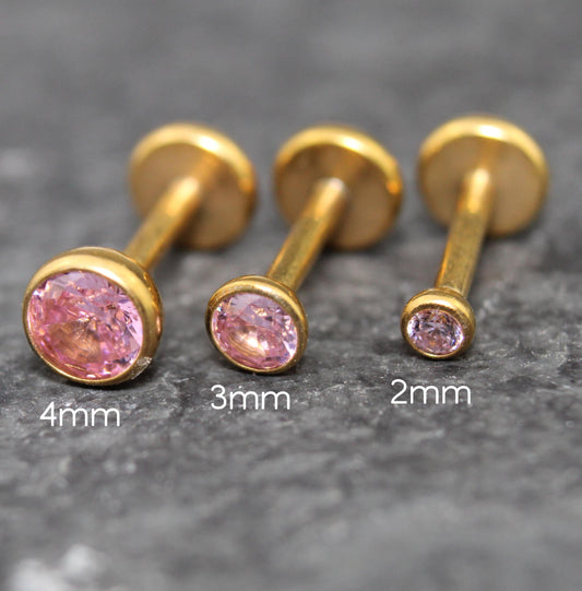 Gold Pink CZ Threadless Flat Back Earring - Tragus Piercing Stud - Labret Stud Earring Stack - Gold Nose Stud - Tiny Bezel Set Nose Ring