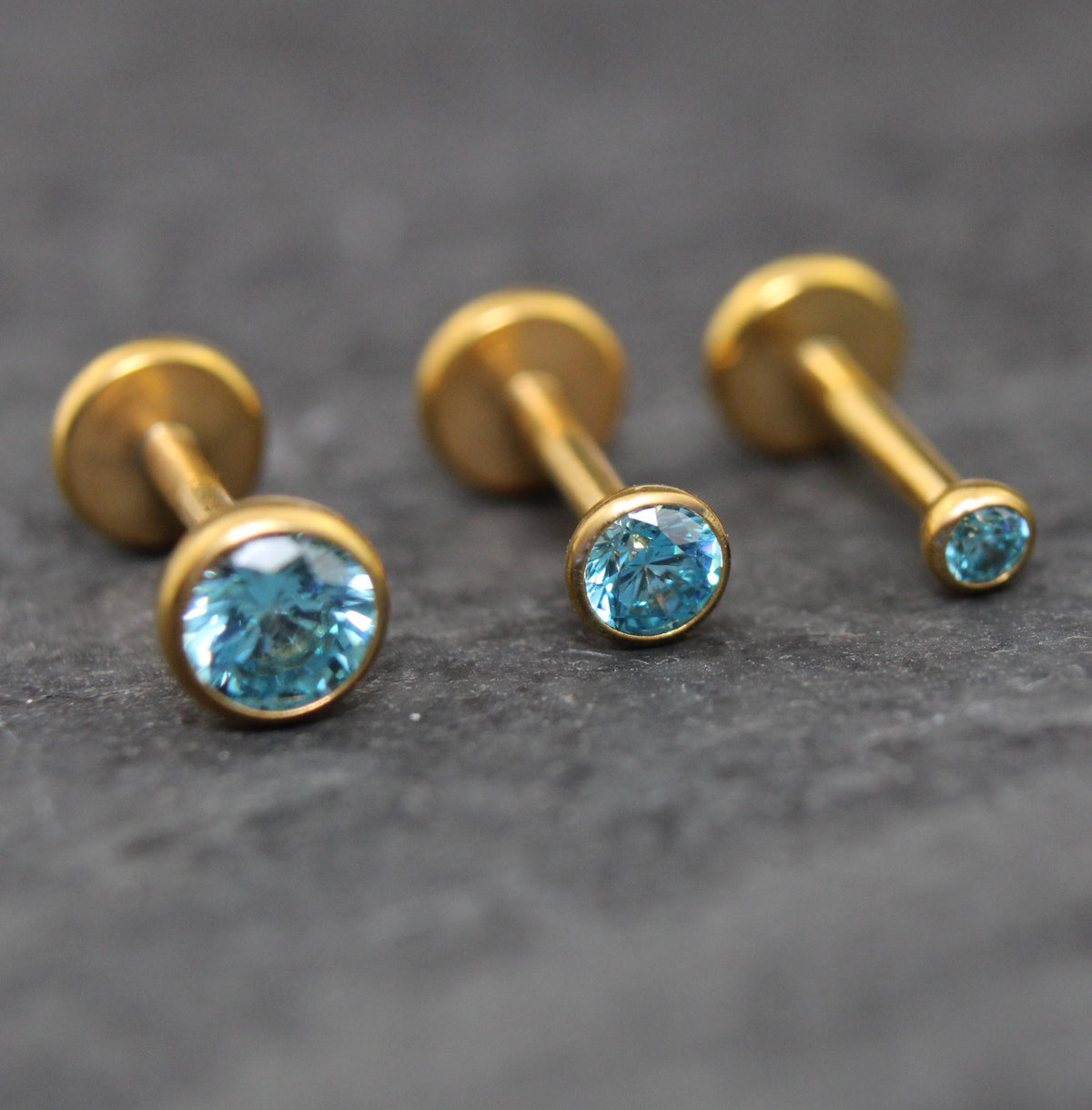 Aqua CZ Gold Threadless Flat Back Earring - Cartilage Earring - Labret Stud Earring Stack - Gold Nose Stud - Tiny Bezel Set Nose Ring