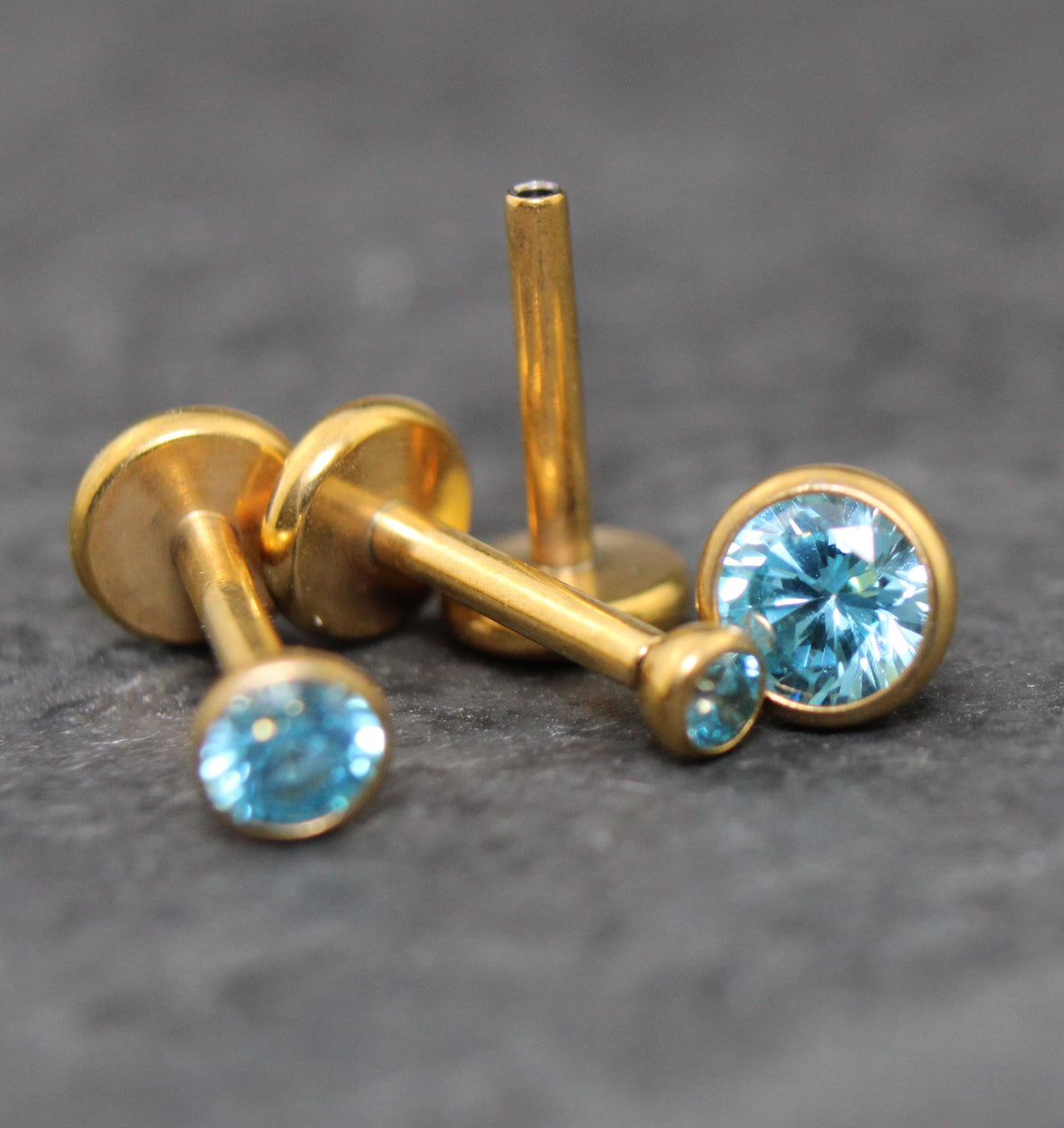 Aqua CZ Gold Threadless Flat Back Earring - Cartilage Earring - Labret Stud Earring Stack - Gold Nose Stud - Tiny Bezel Set Nose Ring