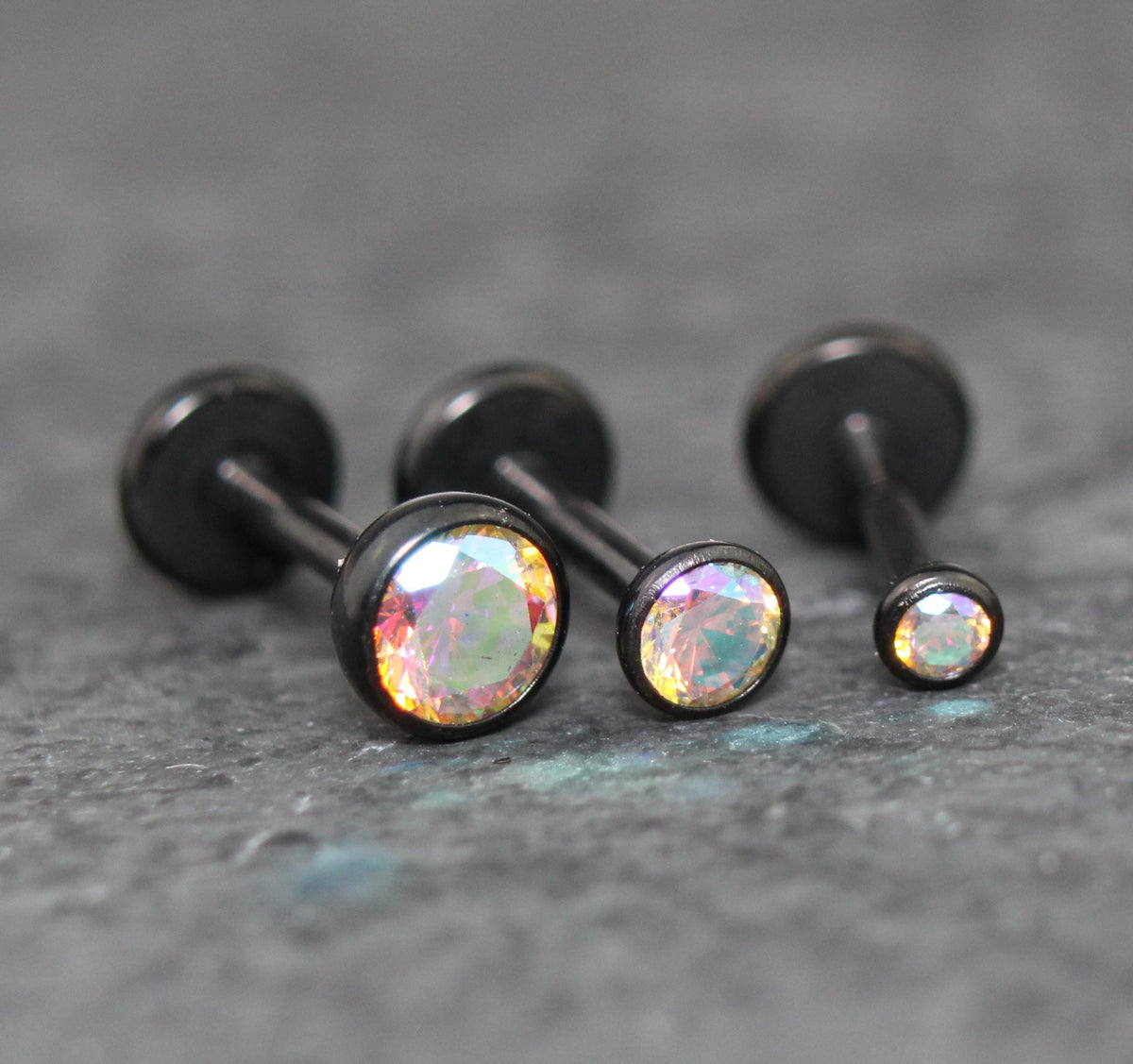 Black AB Cubic Zirconia Threadless Earring -Tiny Black AB Crystal Threadless Flat Back Earring– Tragus, Helix, Nose Stud- Black Nose Stud