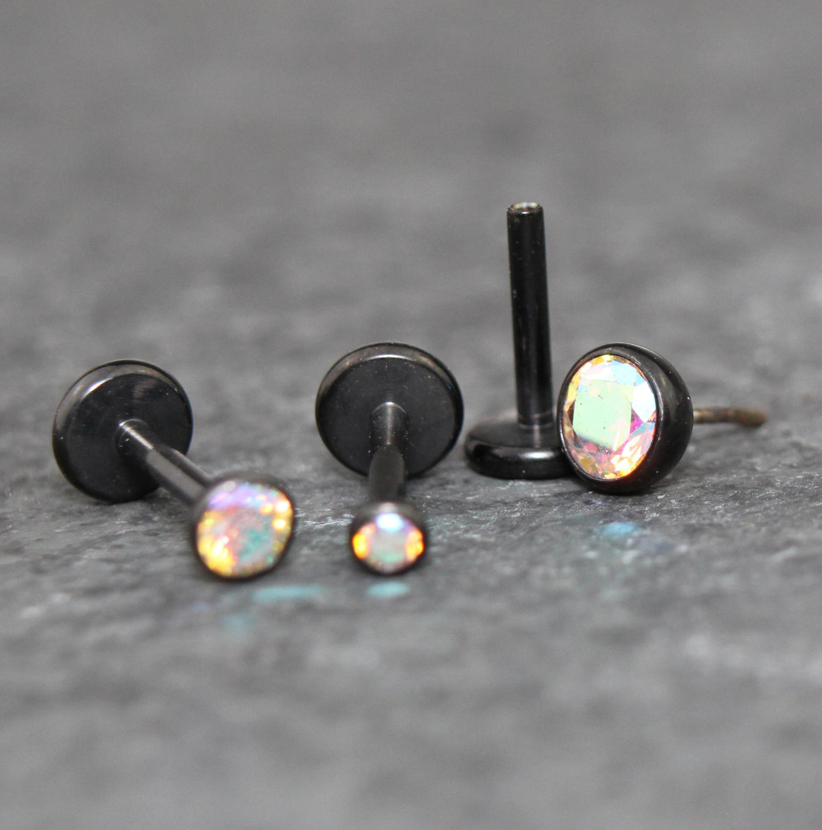 Black AB Cubic Zirconia Threadless Earring -Tiny Black AB Crystal Threadless Flat Back Earring– Tragus, Helix, Nose Stud- Black Nose Stud