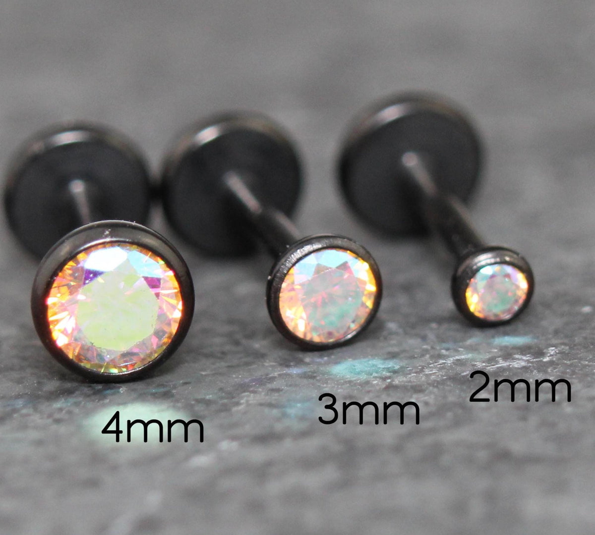 Black AB Cubic Zirconia Threadless Earring -Tiny Black AB Crystal Threadless Flat Back Earring– Tragus, Helix, Nose Stud- Black Nose Stud