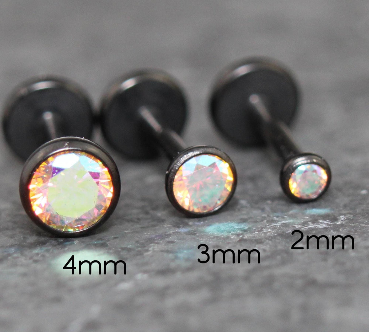 Tiny Black AB Crystal Threadless Flat Back Earring - Tragus Piercing Stud - Labret Stud Earring Stack - Helix Earring - Bezel Set Nose Ring