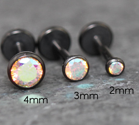Tiny Black AB Crystal Threadless Flat Back Earring - Tragus Piercing Stud - Labret Stud Earring Stack - Helix Earring - Bezel Set Nose Ring