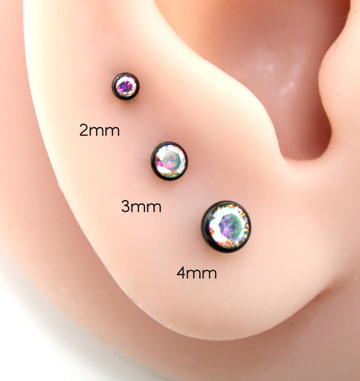 Black AB Cubic Zirconia Threadless Earring -Tiny Black AB Crystal Threadless Flat Back Earring– Tragus, Helix, Nose Stud- Black Nose Stud
