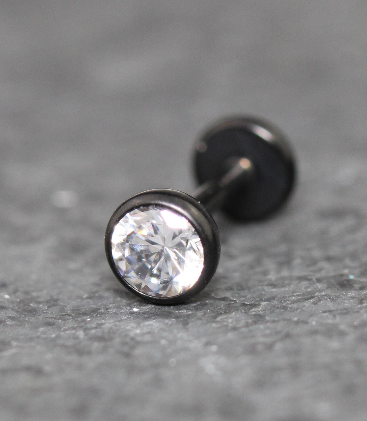 Black Clear Cubic Zirconia Threadless Earring -Tiny Black Clear Stone Tragus Piercing Flat Back Earring, Helix, Nose Stud- Black Nose Stud