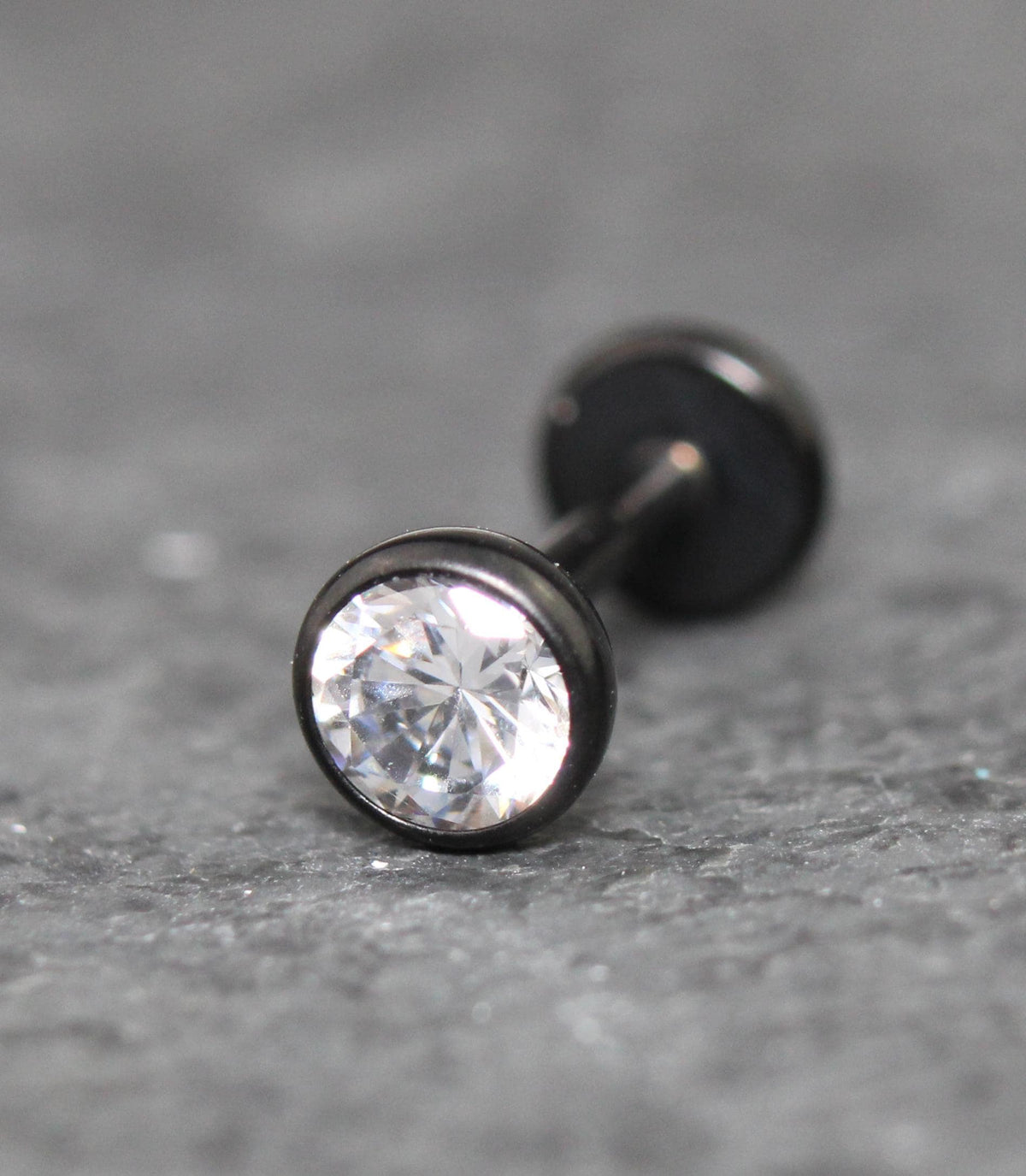 Black Clear Cubic Zirconia Threadless Earring -Tiny Black Clear Stone Threadless Flat Back Earring Tragus, Helix, Nose Stud- Black Nose Stud