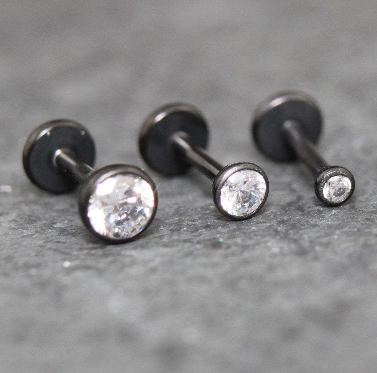 Black Clear Cubic Zirconia Threadless Earring -Tiny Black Clear Stone Tragus Piercing Flat Back Earring, Helix, Nose Stud- Black Nose Stud