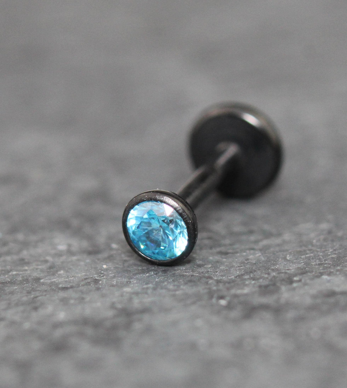 Aqua CZ Threadless Black Earring -Cartilage Aqua Stone Threadless Flat Back Earring Tragus, Helix, Nose Stud- Black Nose Stud - Ear Stacking