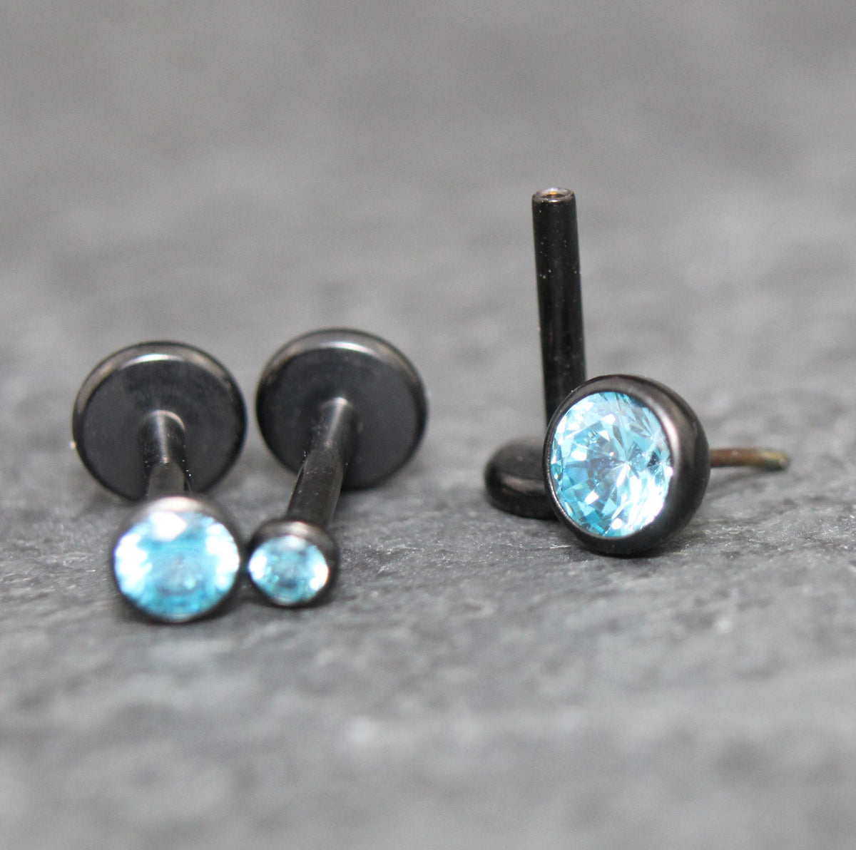 Aqua CZ Threadless Black Earring -Cartilage Aqua Stone Threadless Flat Back Earring Tragus, Helix, Nose Stud- Black Nose Stud - Ear Stacking