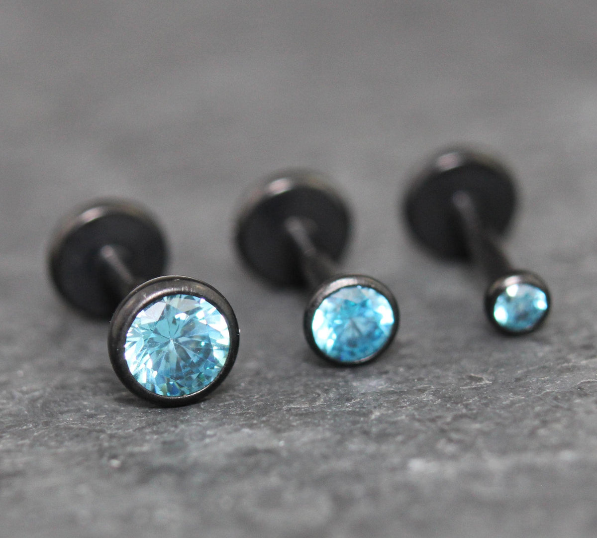 Aqua CZ Threadless Black Earring -Cartilage Aqua Stone Threadless Flat Back Earring Tragus, Helix, Nose Stud- Black Nose Stud - Ear Stacking