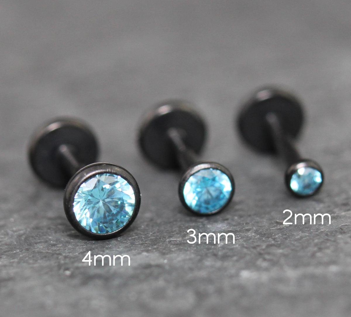 Aqua CZ Threadless Black Earring -Cartilage Aqua Stone Threadless Flat Back Earring Tragus, Helix, Nose Stud- Black Nose Stud - Ear Stacking
