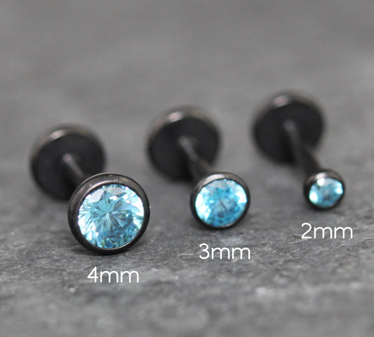 Black Aqua CZ Threadless Earring -Tiny Black Aqua Stone Threadless Flat Back Earring Tragus, Helix, Nose Stud- Black Nose Stud