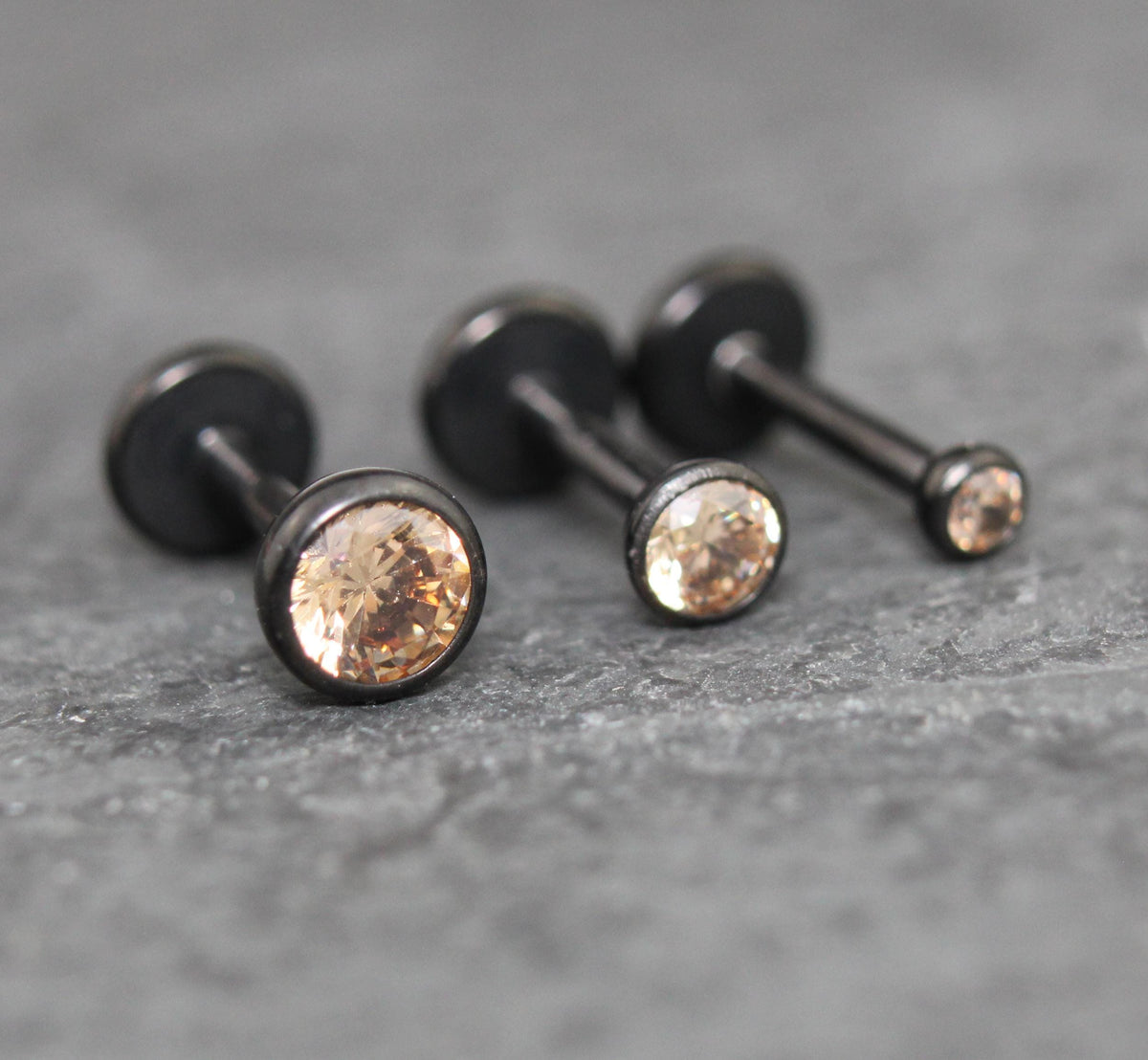 Champagne CZ Threadless Black Earring - Ear Cartilage Stud - Black Nose Stud - Ear Stacking - CZ Stone Threadless Flat Back Earring Tragus