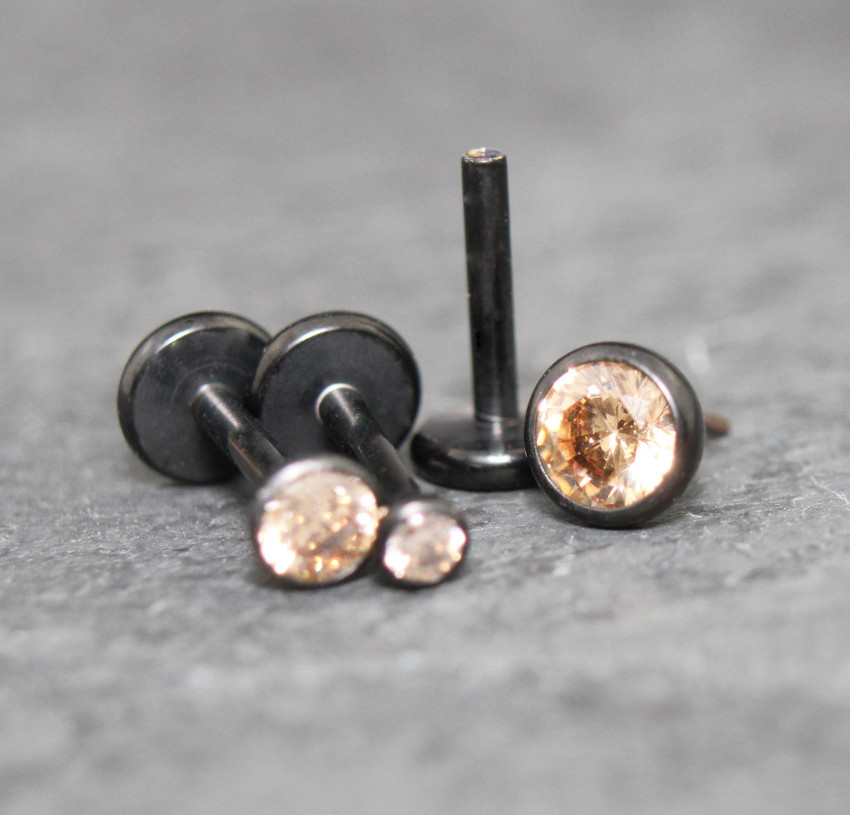 Champagne CZ Threadless Black Earring - Ear Cartilage Stud - Black Nose Stud - Ear Stacking - CZ Stone Threadless Flat Back Earring Tragus