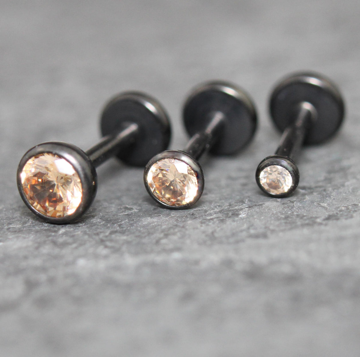 Champagne CZ Threadless Black Earring - Ear Cartilage Stud - Black Nose Stud - Ear Stacking - CZ Stone Threadless Flat Back Earring Tragus