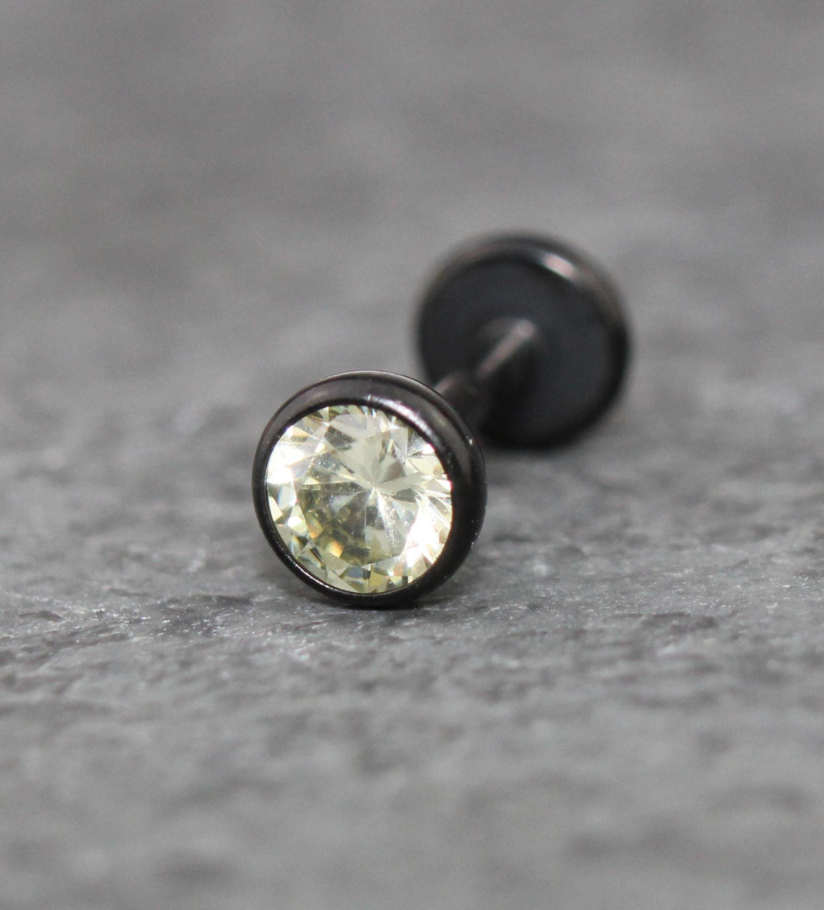 Black Crystal Threadless Flat Back Earring - Light Green Tragus Piercing Stud - Labret Stud Earring Stack - Tiny Gothic Bezel Set Nose Ring
