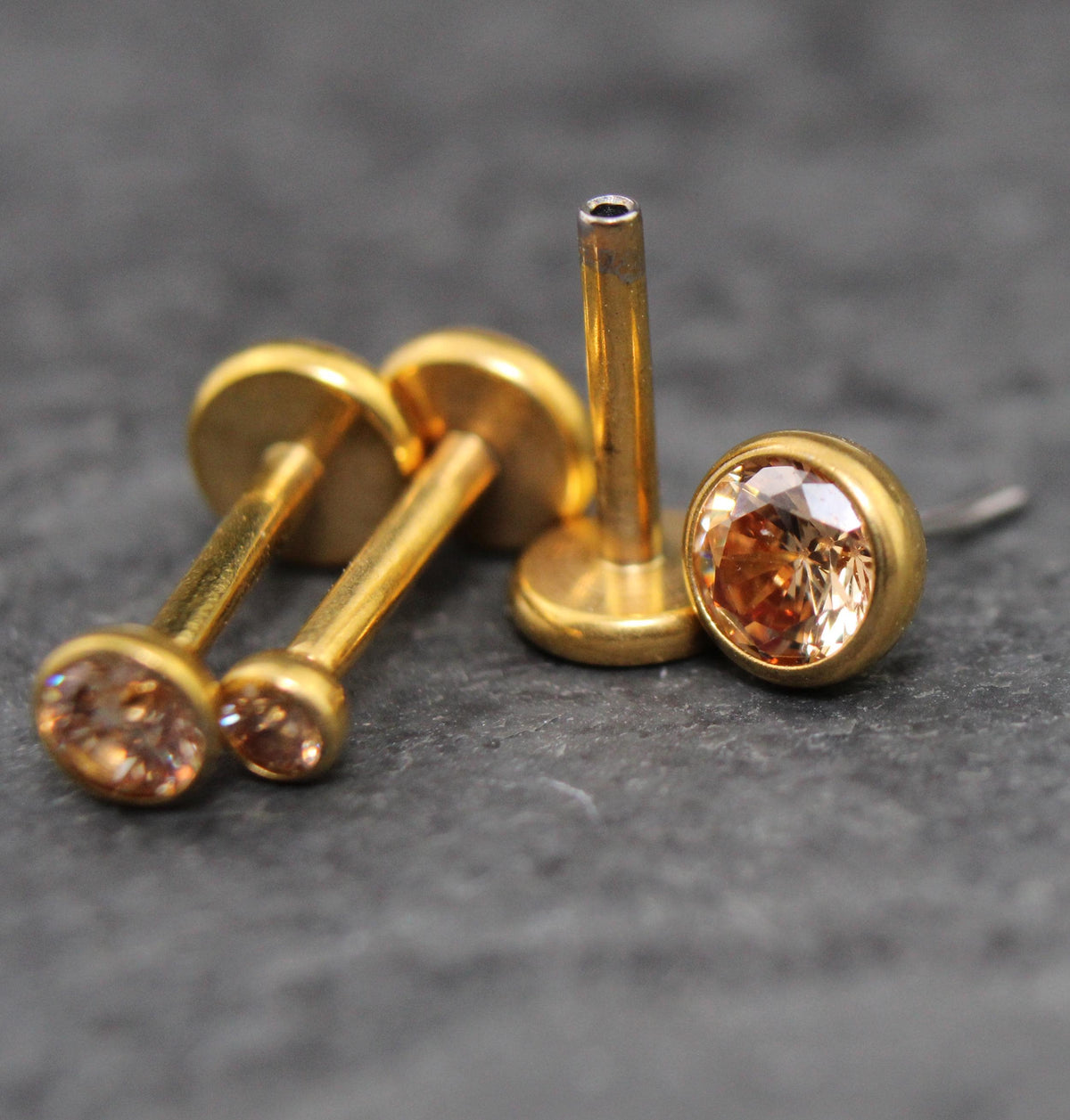 Champagne CZ Gold PVD Stud Earrings • Champagne Stone Nose Ring • Tragus Piercing Stud • Flat Back Earring • Bezel Set Helix Cartilage Stud