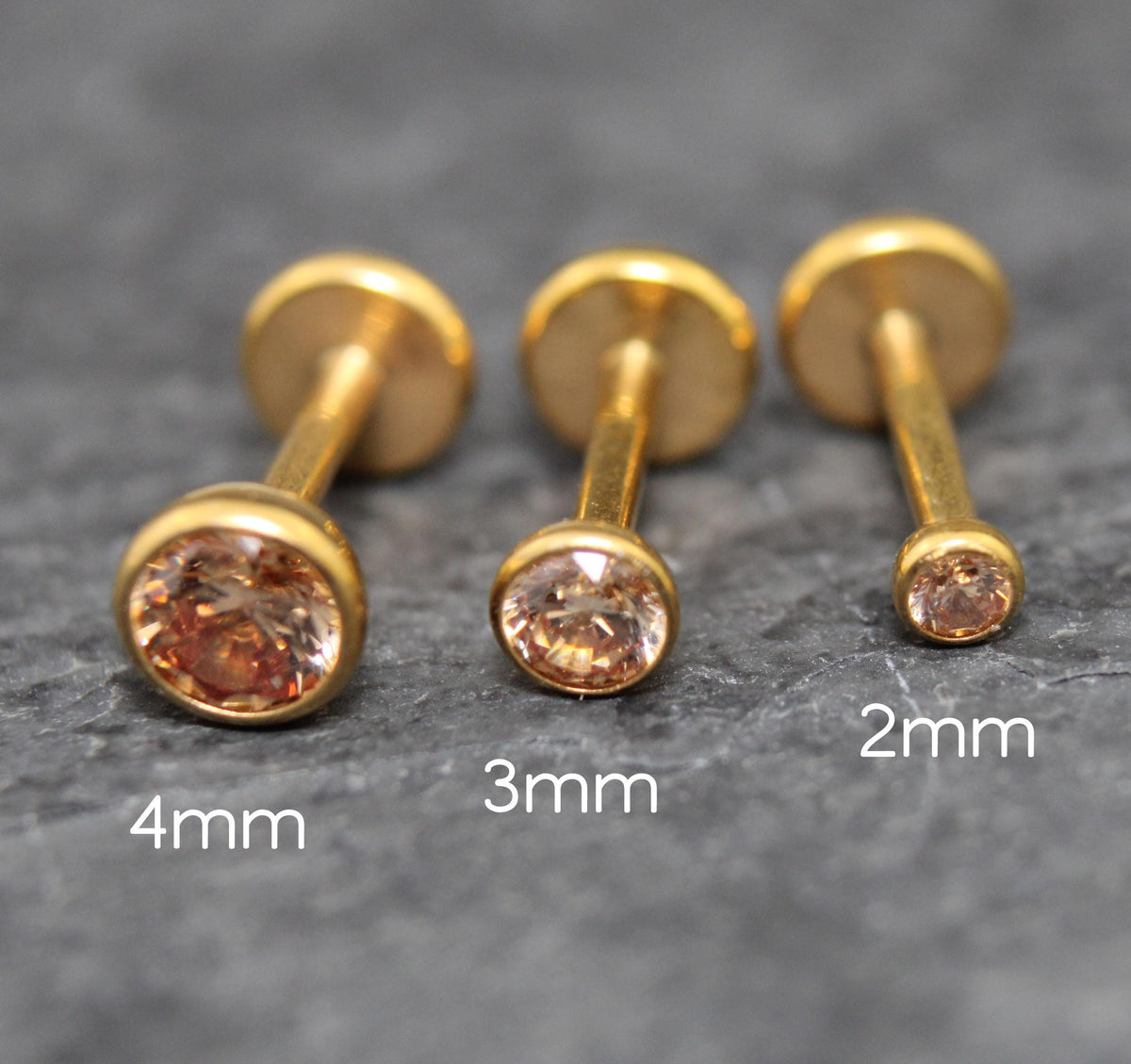 Champagne CZ Gold PVD Stud Earrings • Champagne Stone Nose Ring • Tragus Piercing Stud • Flat Back Earring • Bezel Set Helix Cartilage Stud