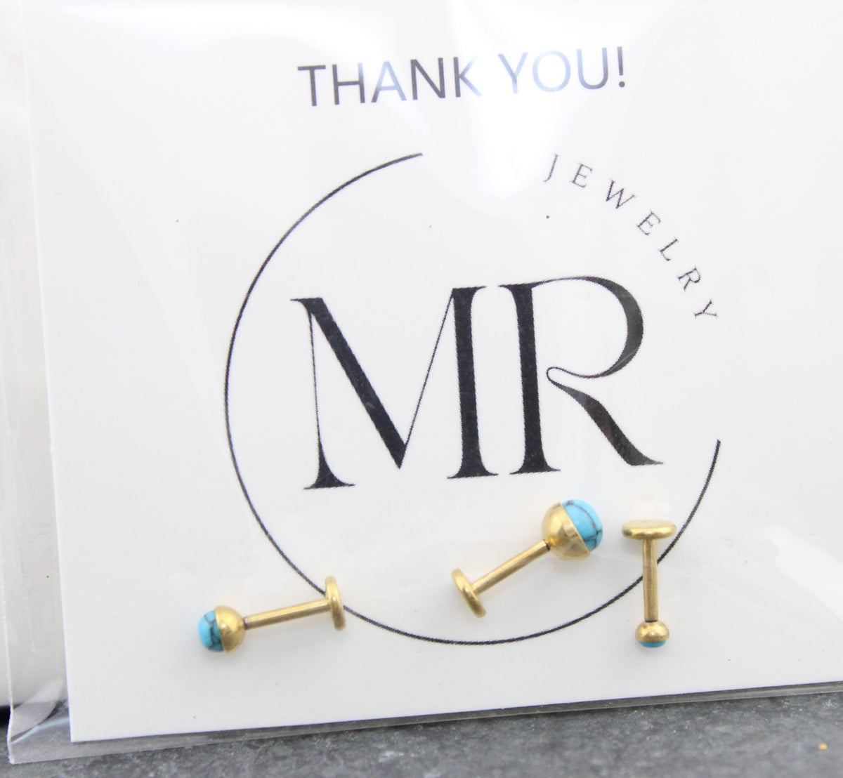 Turquoise Labret Gold Stud Earrings, Gold PVD Threadless Push Pin, Helix Piercing Jewelry, Gold Stud Earring Stack, Comfortable Earrings