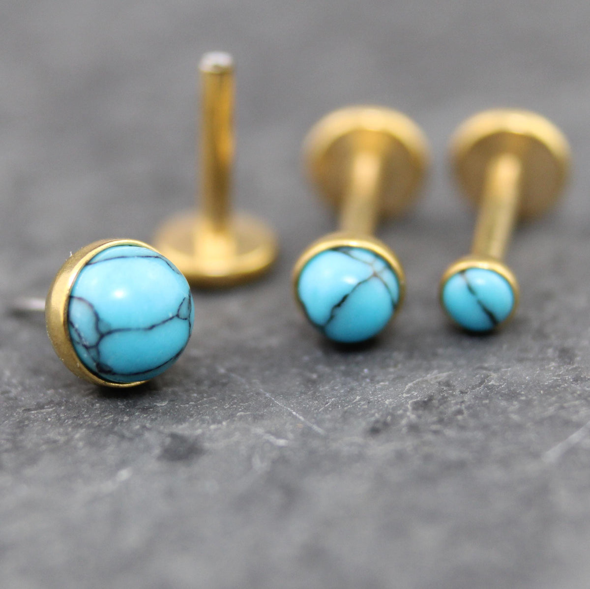 Turquoise Labret Gold Stud Earrings, Gold PVD Threadless Push Pin, Helix Piercing Jewelry, Gold Stud Earring Stack, Comfortable Earrings