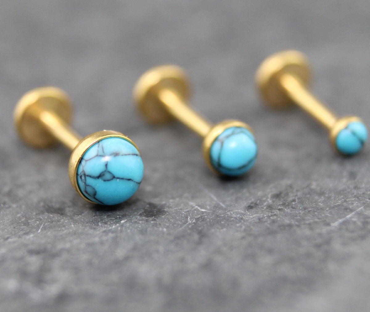 Turquoise Labret Gold Stud Earrings, Gold PVD Threadless Push Pin, Helix Piercing Jewelry, Gold Stud Earring Stack, Comfortable Earrings