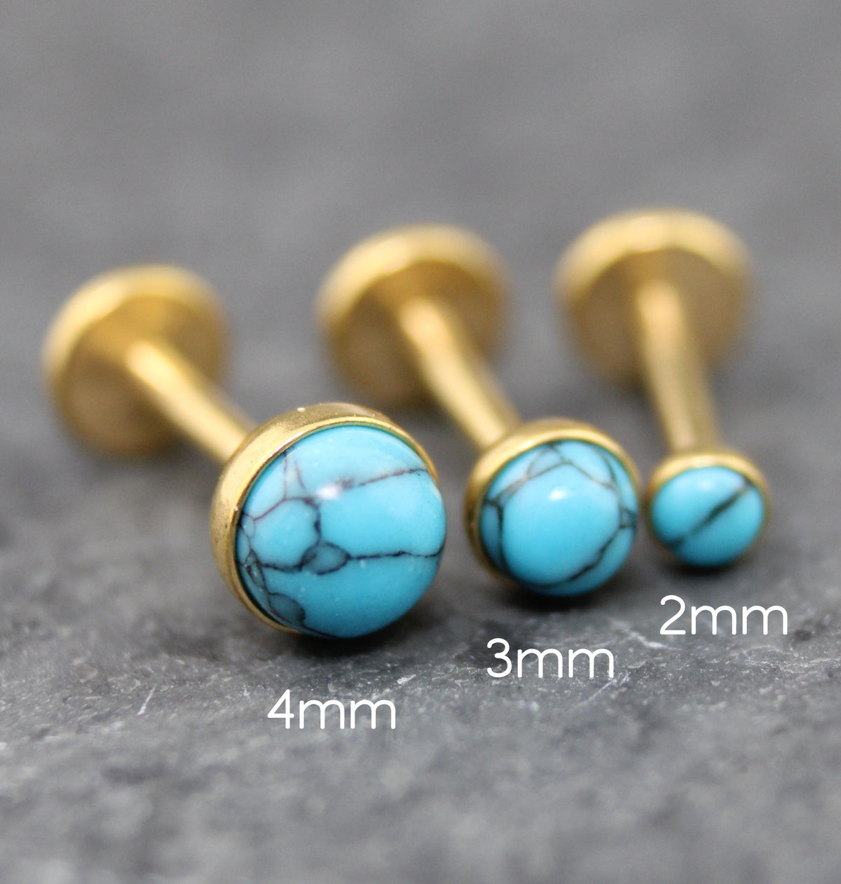 Turquoise Labret Gold Stud Earrings, Gold PVD Threadless Push Pin, Cartilage Piercing Jewelry, Gold Stud Earring Stack, Tragus Piercing Stud