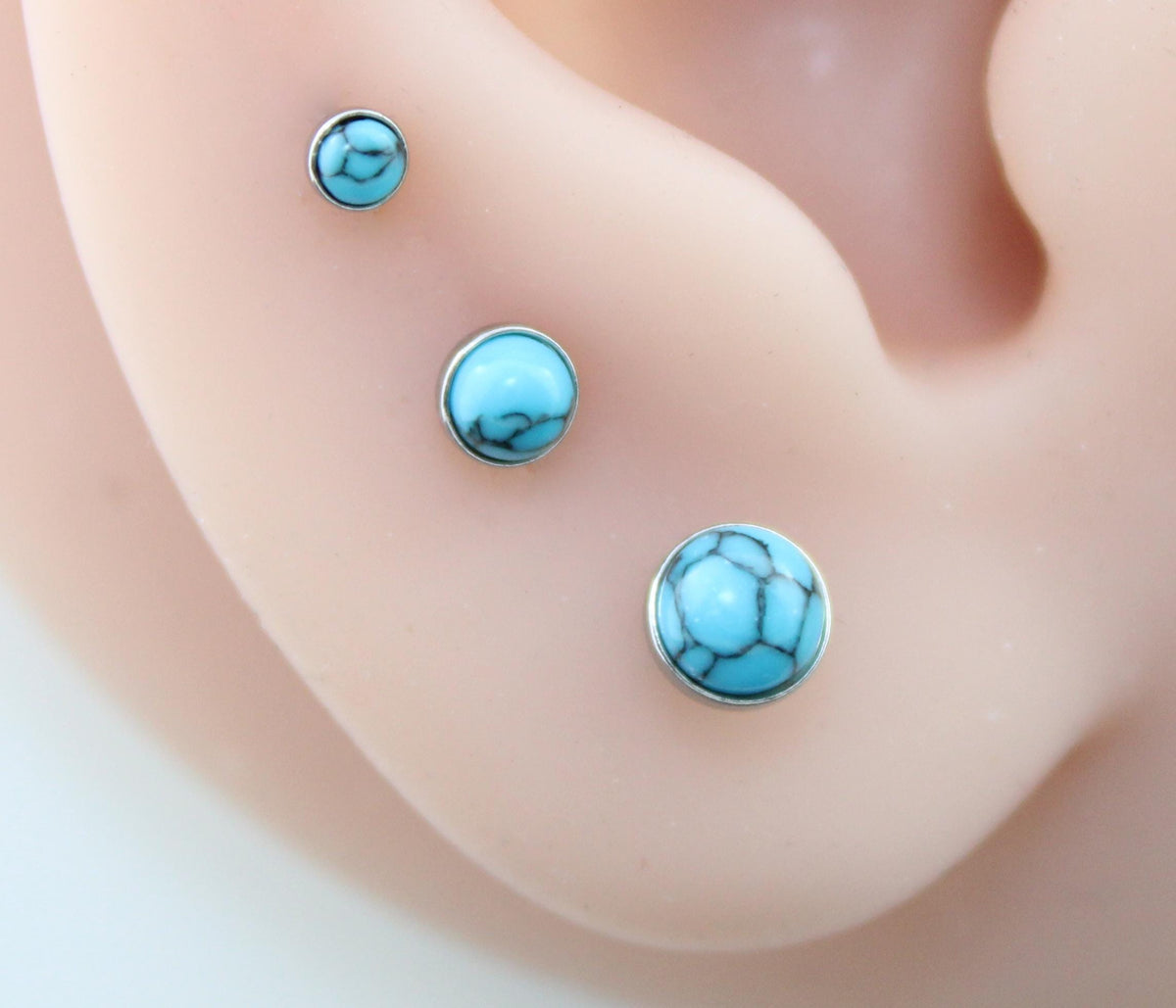 Turquoise Labret Silver Stud Earrings, Stainless Threadless Push Pin, Cartilage Piercing Jewelry, Stud Earring Stack, Tragus Piercing Stud