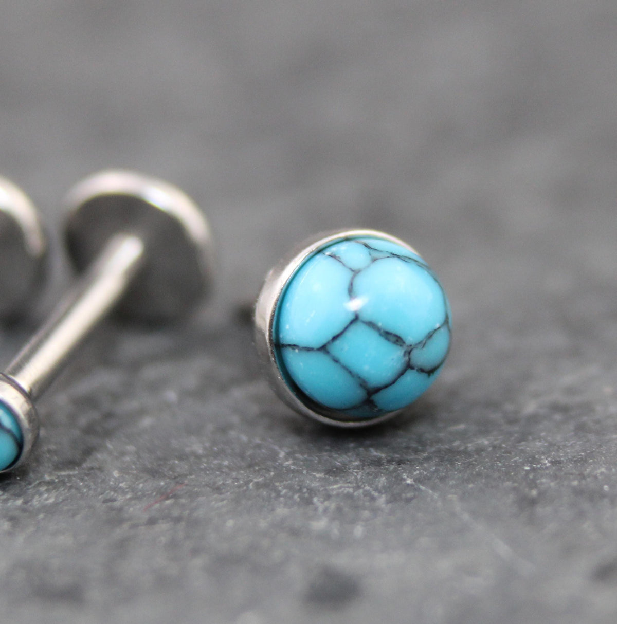 Turquoise Labret Silver Stud Earrings, Stainless Threadless Push Pin, Cartilage Piercing Jewelry, Stud Earring Stack, Tragus Piercing Stud