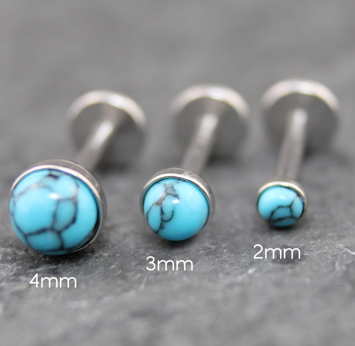 Turquoise Labret Silver Stud Earrings, Stainless Threadless Push Pin, Cartilage Piercing Jewelry, Stud Earring Stack, Tragus Piercing Stud