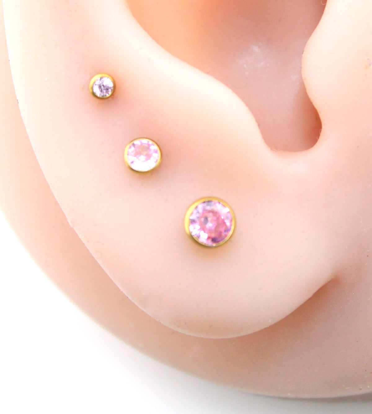 Pink CZ Gold Threadless Flat Back Earring - Cartilage Earring - Labret Stud Earring Stack - Gold Nose Stud - Tiny Bezel Set Nose Ring