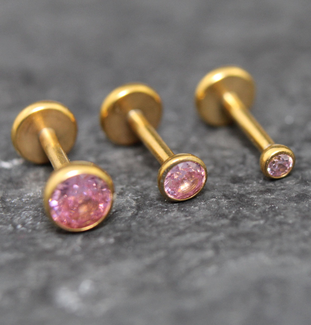 Gold Pink CZ Threadless Flat Back Earring - Tragus Piercing Stud - Labret Stud Earring Stack - Gold Nose Stud - Tiny Bezel Set Nose Ring