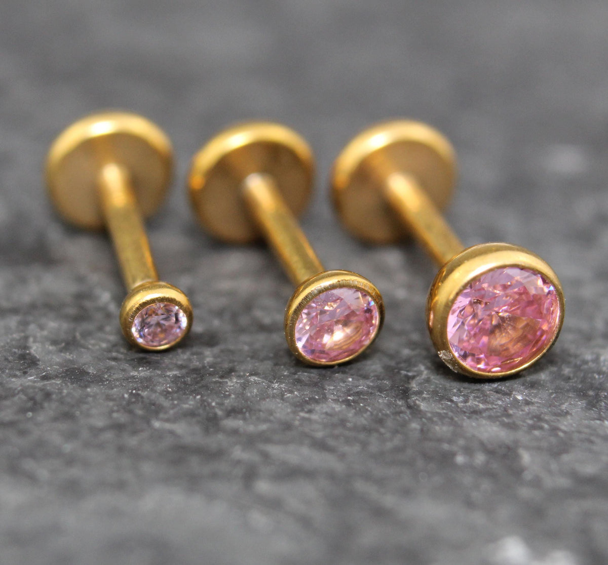 Pink CZ Gold Threadless Flat Back Earring - Cartilage Earring - Labret Stud Earring Stack - Gold Nose Stud - Tiny Bezel Set Nose Ring