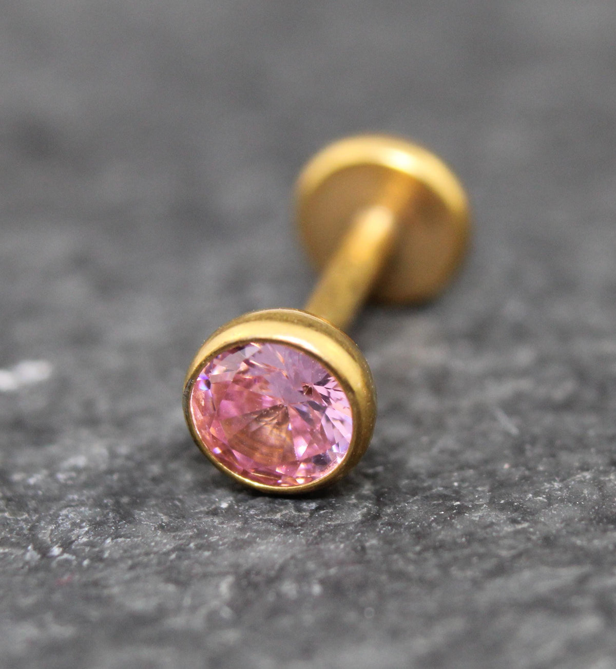 Gold Pink CZ Threadless Flat Back Earring - Tragus Piercing Stud - Labret Stud Earring Stack - Gold Nose Stud - Tiny Bezel Set Nose Ring