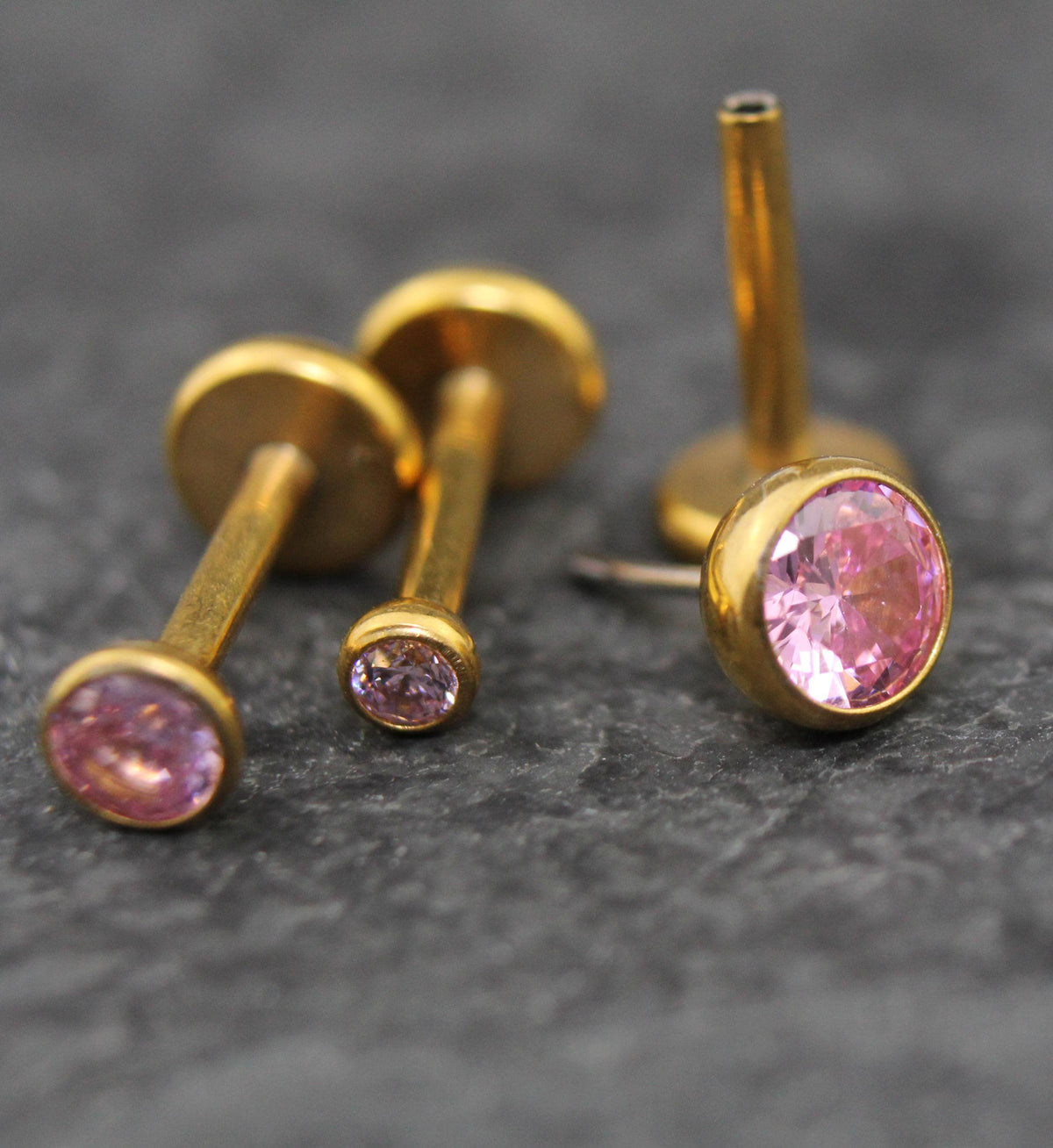 Gold Pink CZ Threadless Flat Back Earring - Tragus Piercing Stud - Labret Stud Earring Stack - Gold Nose Stud - Tiny Bezel Set Nose Ring