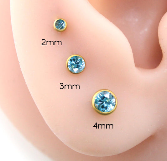 Gold Pink CZ Threadless Flat Back Earring - Tragus Piercing Stud - Labret Stud Earring Stack - Gold Nose Stud - Tiny Bezel Set Nose Ring