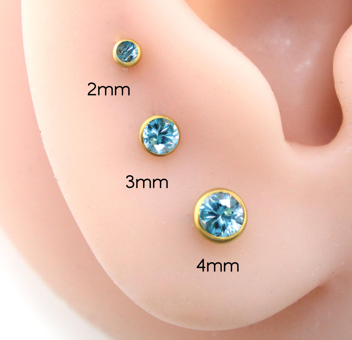 Aqua CZ Gold Threadless Flat Back Earring - Cartilage Earring - Labret Stud Earring Stack - Gold Nose Stud - Tiny Bezel Set Nose Ring